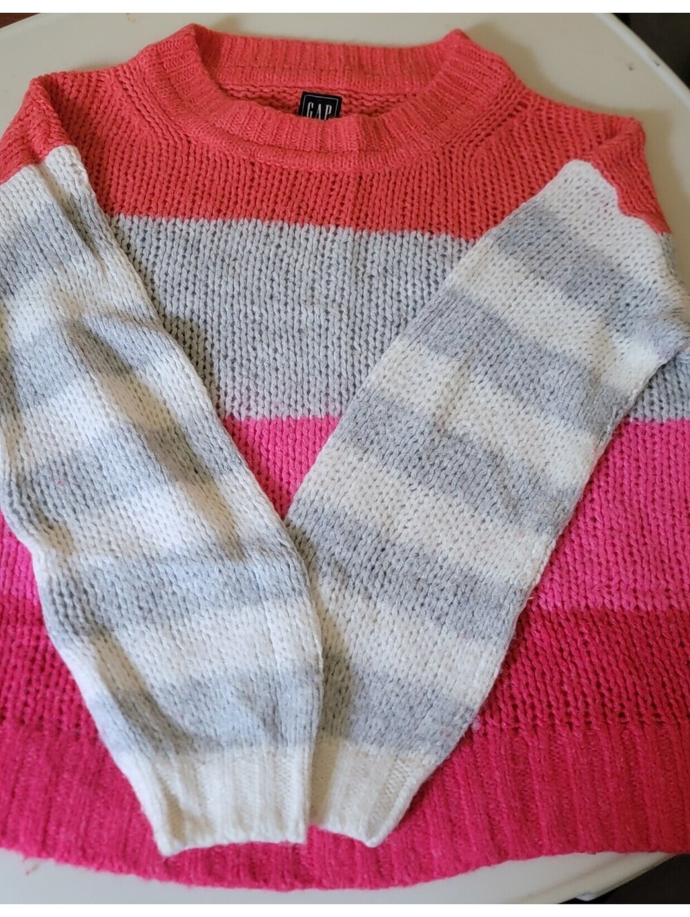 GAP Womens L Tall Luxe Stripe Boatneck Sweater Pink Gray Wool Alpaca Blend